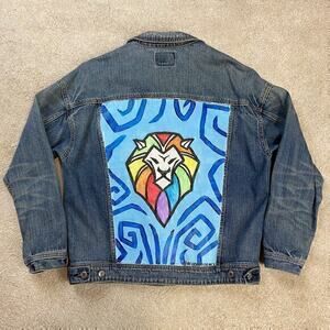 American Eagle Outfitters Denim Oversized Jacket Hand Painted Lion Size S